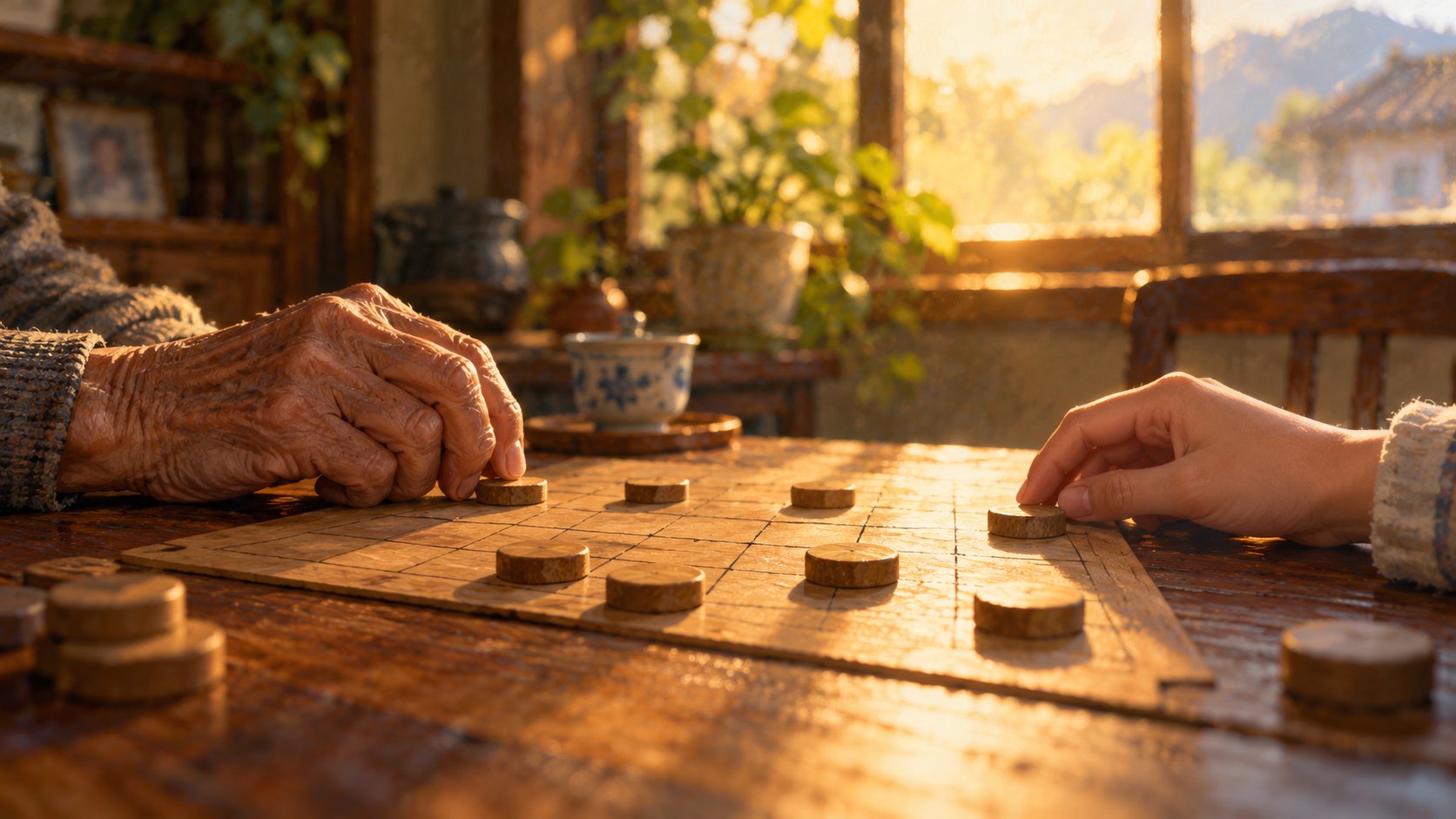 長者與年輕人的手隔著木桌上的棋盤與無字棋子相對，呈現代間交流的概念插畫，非電影劇照