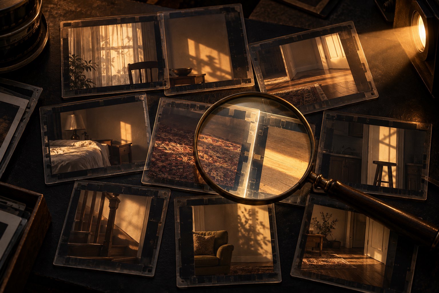 Conceptual illustration of a magnifying glass over overlapping photographic frames of empty domestic interiors.