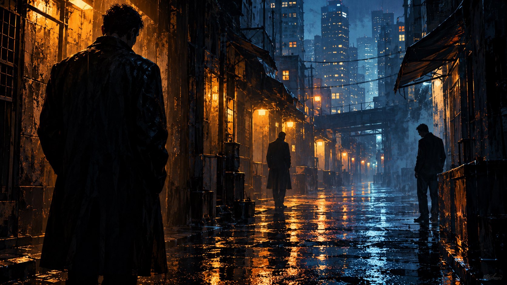 雨夜巷弄中的匿名人物剪影與冷暖光影,呈現黑幫題材的緊張氣氛,非電影劇照
