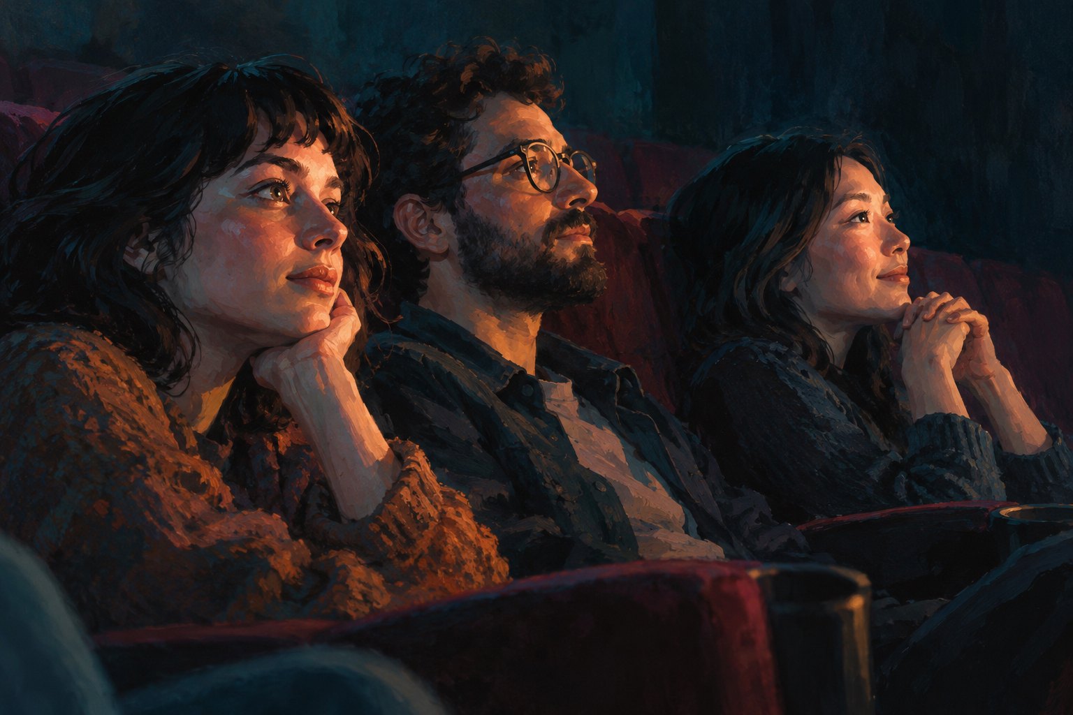 Painterly illustration of three attentive moviegoers with their faces illuminated by an unseen screen.