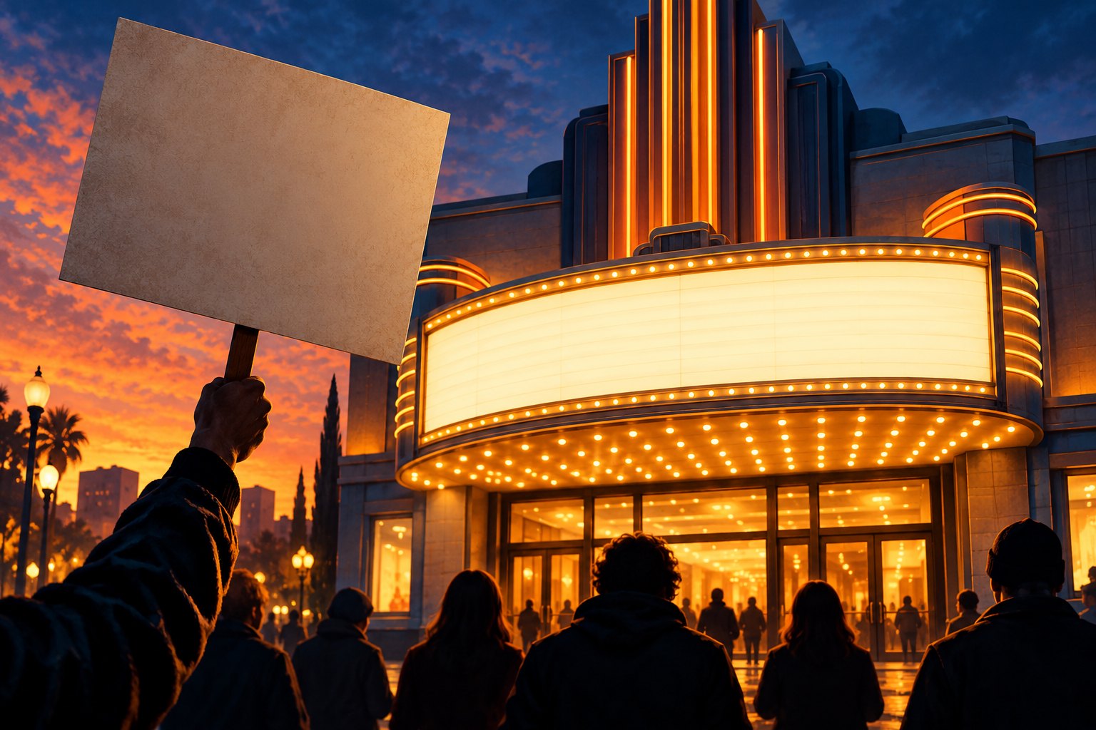 Conceptual illustration of a blank protest placard outside an illuminated movie theater at twilight.