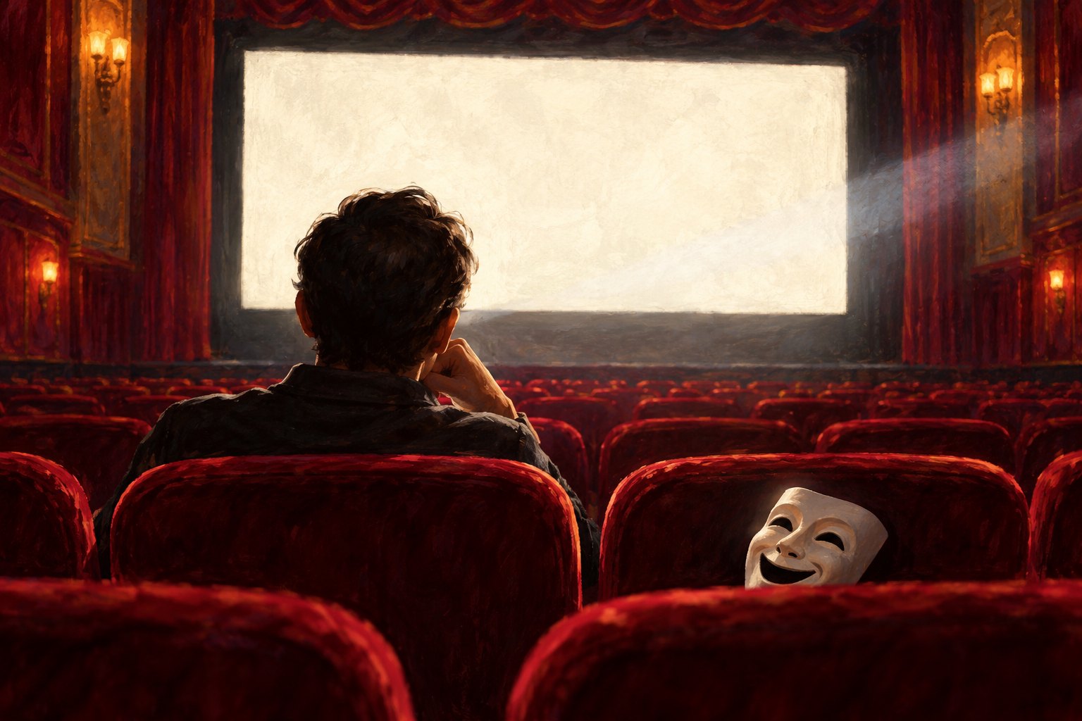 Conceptual illustration of a lone moviegoer facing a blank cinema screen with a comedy mask on a neighboring seat.