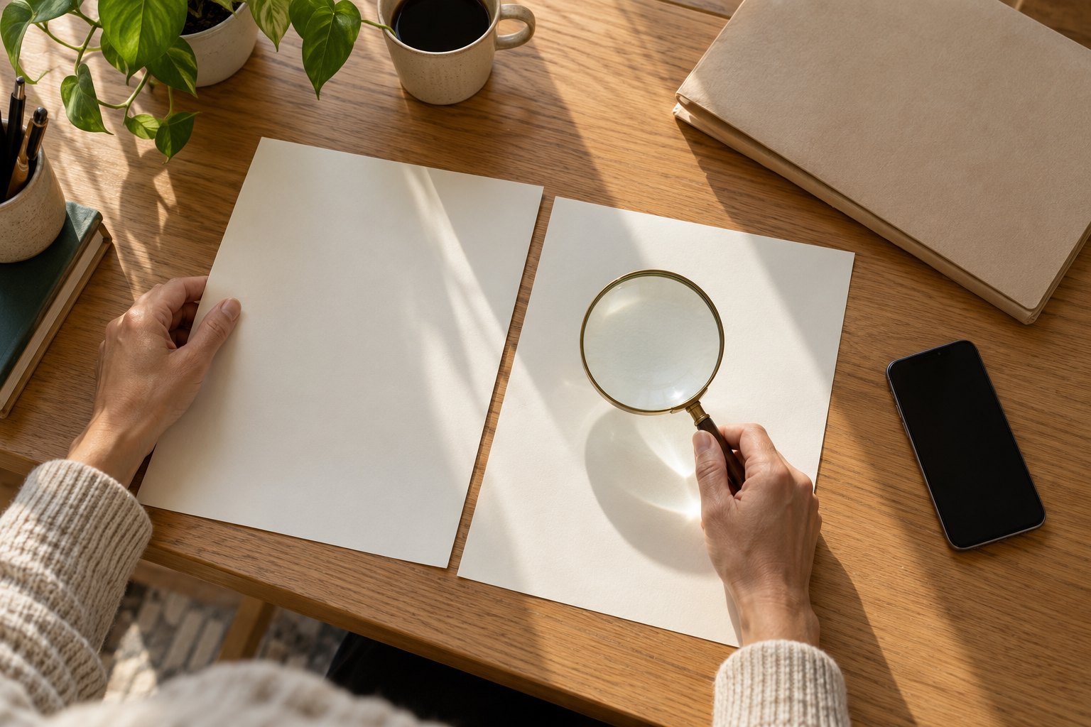 Hands examine blank papers with a magnifying glass on a sunlit desk beside a manuscript folder and smartphone.
