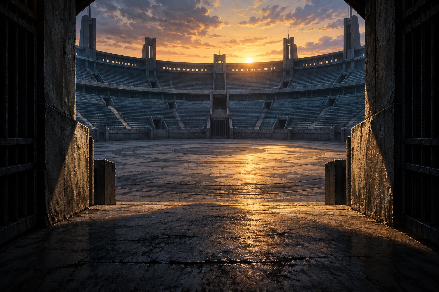 Conceptual illustration of an empty circular arena seen through a shadowed entrance as golden dawn light crosses the floor.