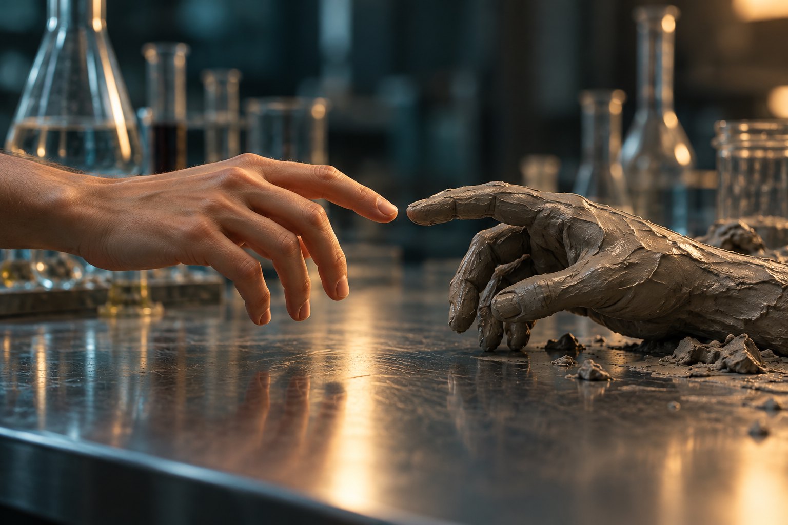 Conceptual illustration of a human hand reaching toward a clay hand across a laboratory table.