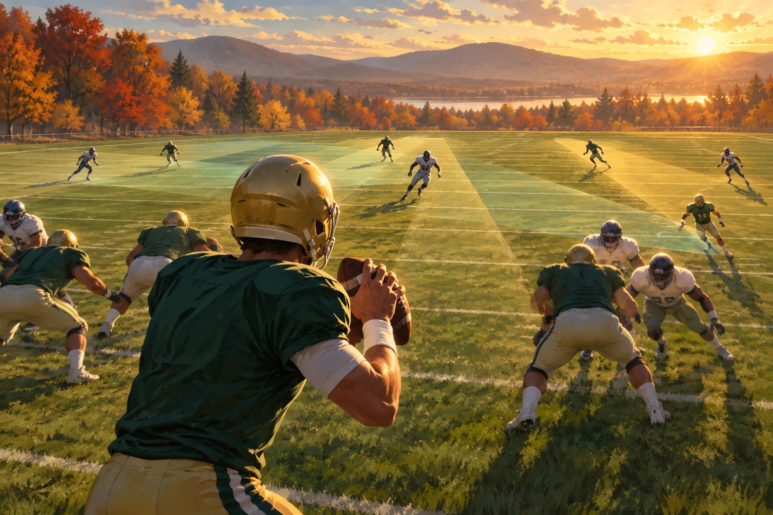 Conceptual illustration from behind a quarterback in green and gold, with translucent passing lanes extending across a sunlit field.
