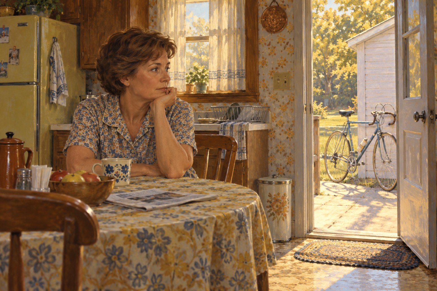 Painterly illustration of a thoughtful woman at a sunlit kitchen table with a vintage road bicycle outside the open door.