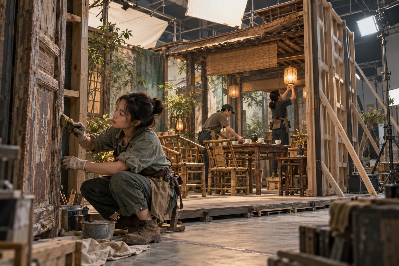工作人员为茶馆布景处理门框、调整桌椅与灯光的概念插画,非成都影视城现场记录