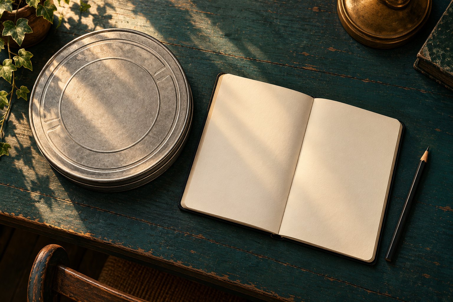 Conceptual illustration of a silver film canister beside a blank notebook and pencil on a teal desk.