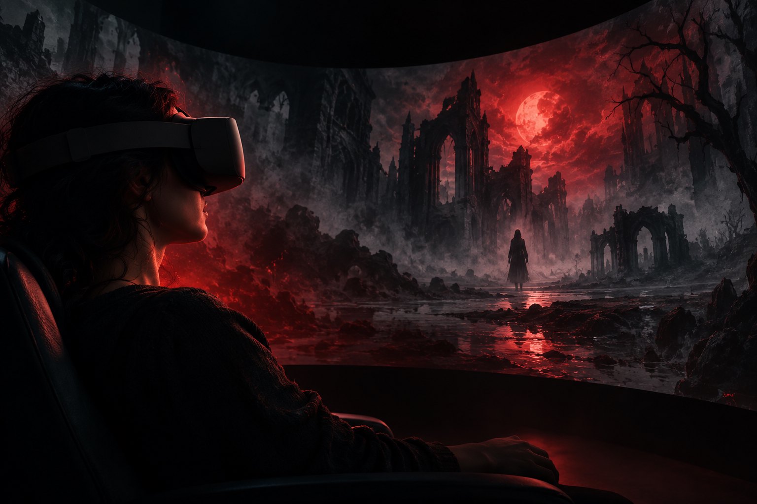 Conceptual illustration of a headset-wearing viewer surrounded by a curved vision of shadowy ruins and red light.