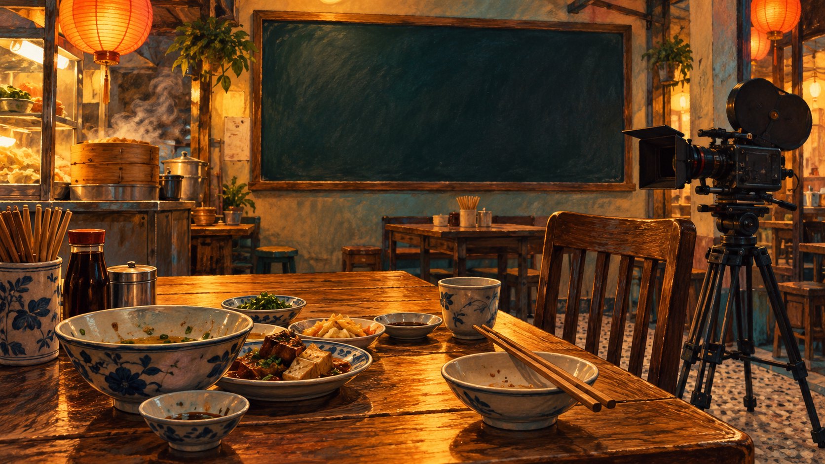 臺式小館裡的餐桌、空白黑板與攝影機，呈現美食與拍片相遇的概念插畫，非事件現場。