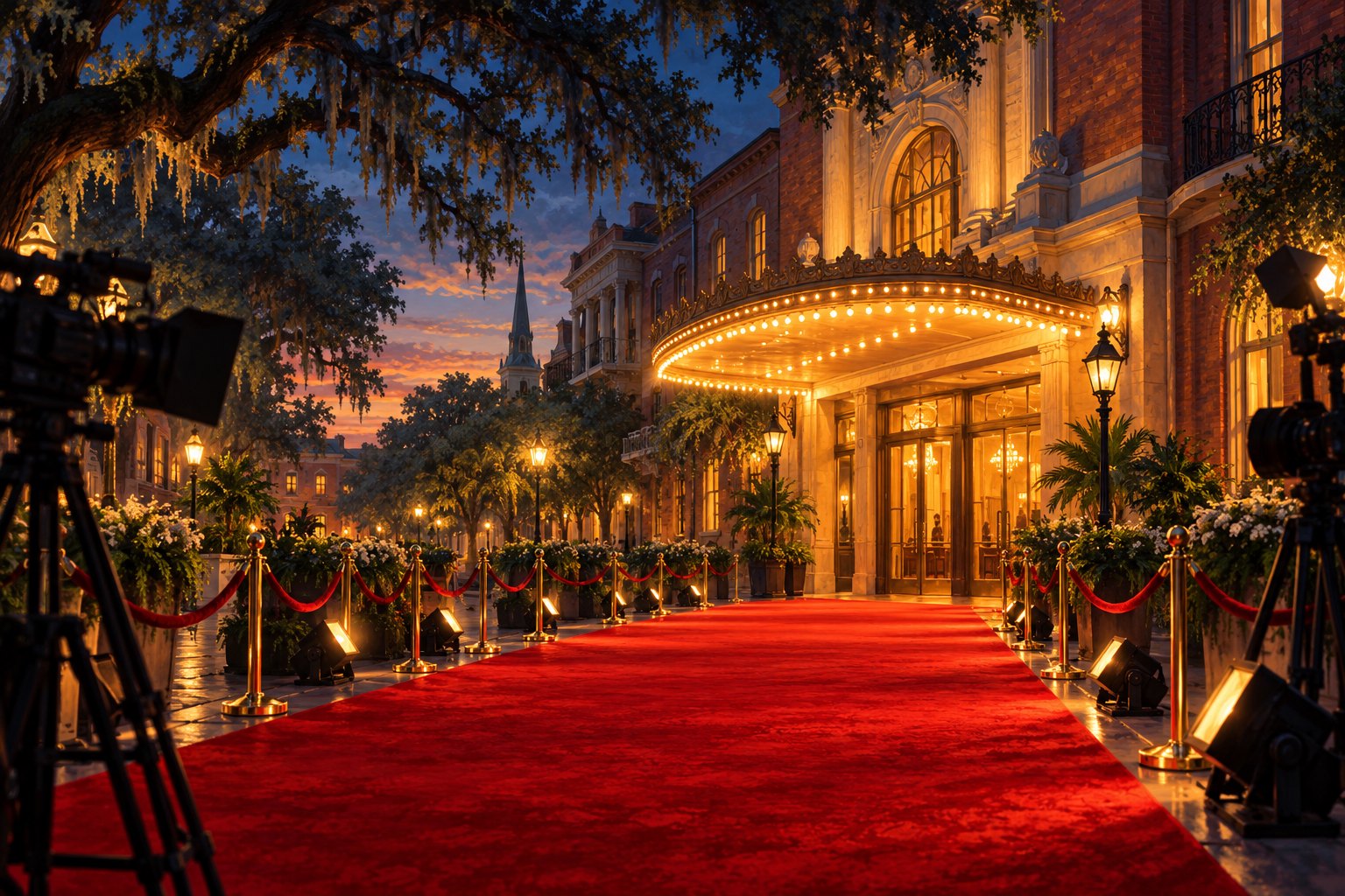 Conceptual illustration of a red carpet leading to an illuminated theater beneath oak branches, with cameras framing the scene.