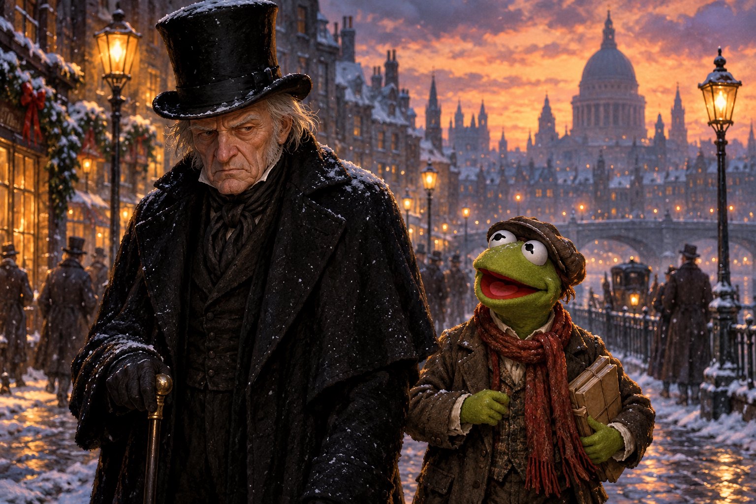 Storybook illustration of Ebenezer Scrooge and Kermit as Bob Cratchit on a snowy Victorian London street at dusk.