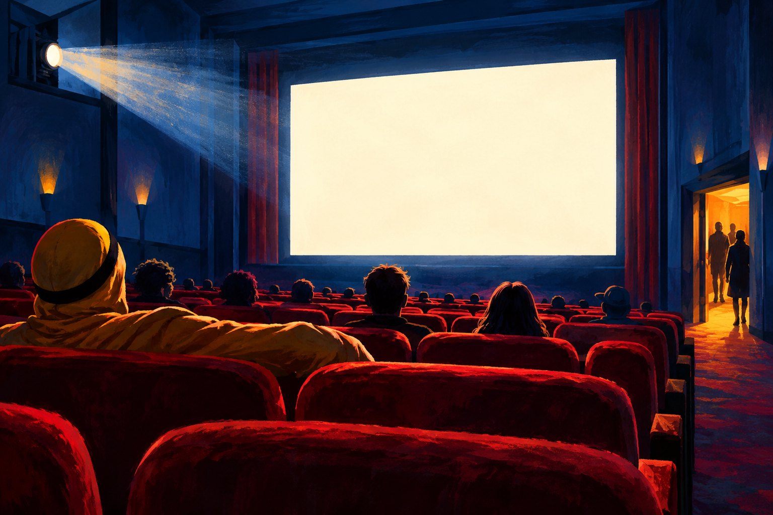 Editorial illustration of a cinema auditorium with red seats, audience silhouettes, and a glowing blank screen.