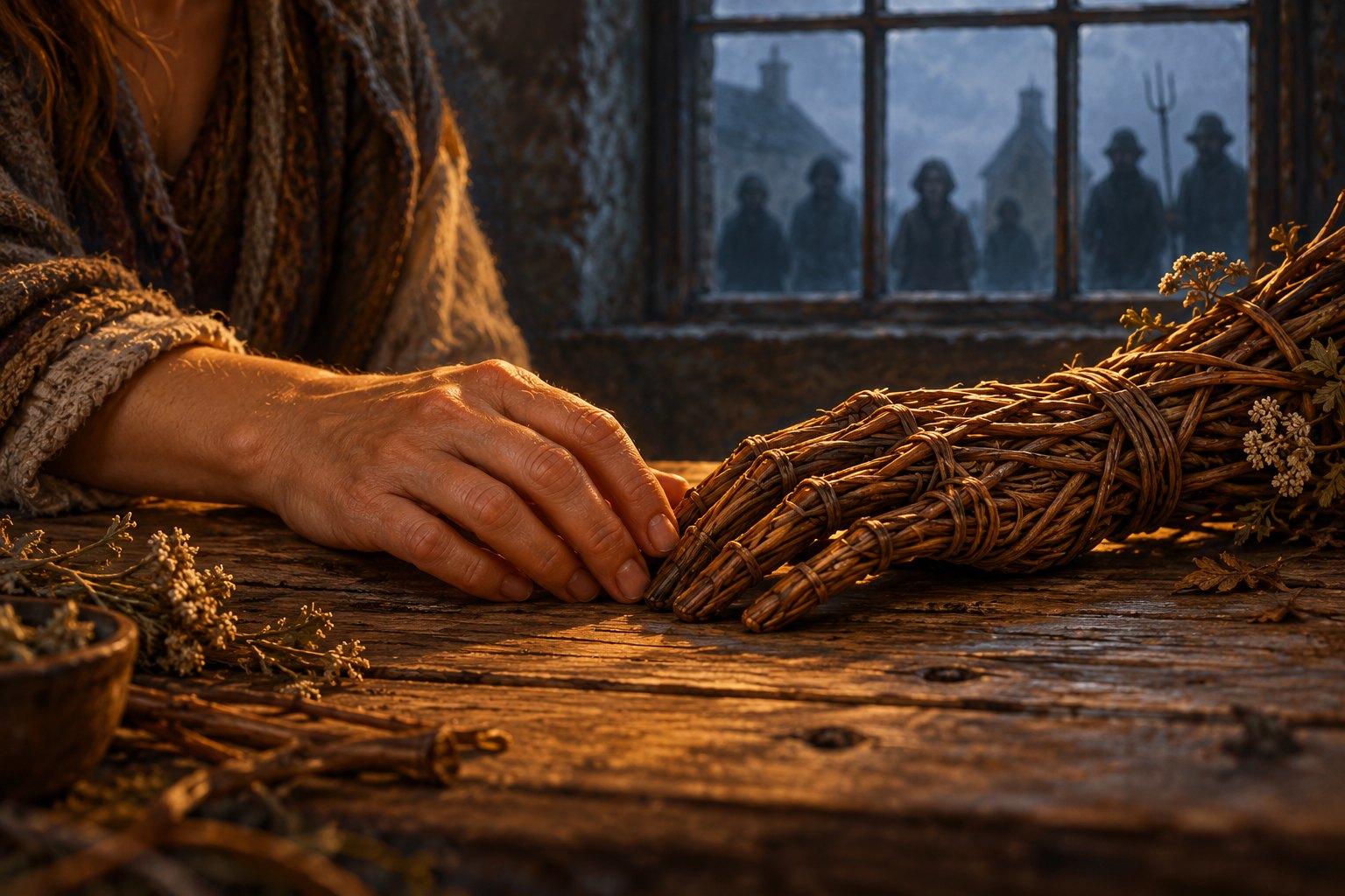 Symbolic illustration of a woman's hand touching a woven hand while shadowy villagers watch through a window.