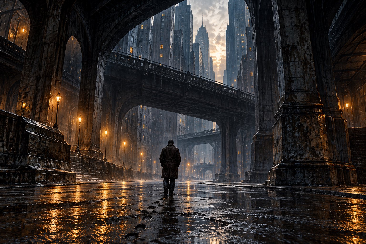 Conceptual illustration of a solitary man beneath towering urban arches on a rain-soaked street.