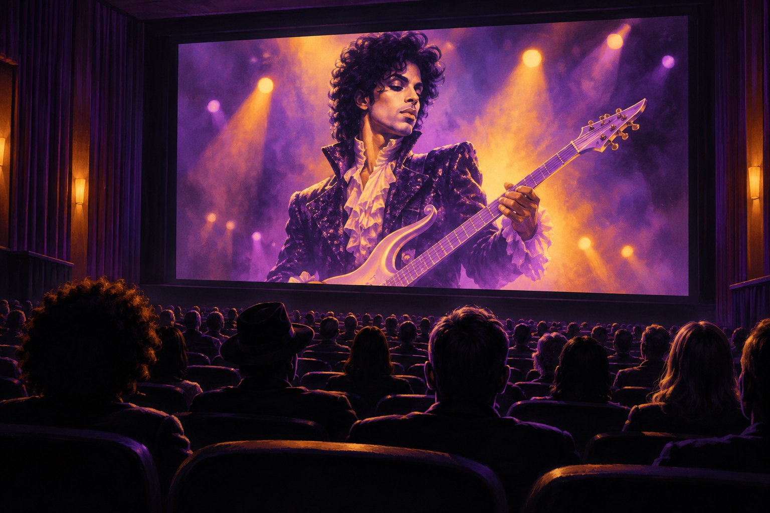 Editorial illustration of a cinema audience watching Prince play guitar on a large screen under purple and amber lights.