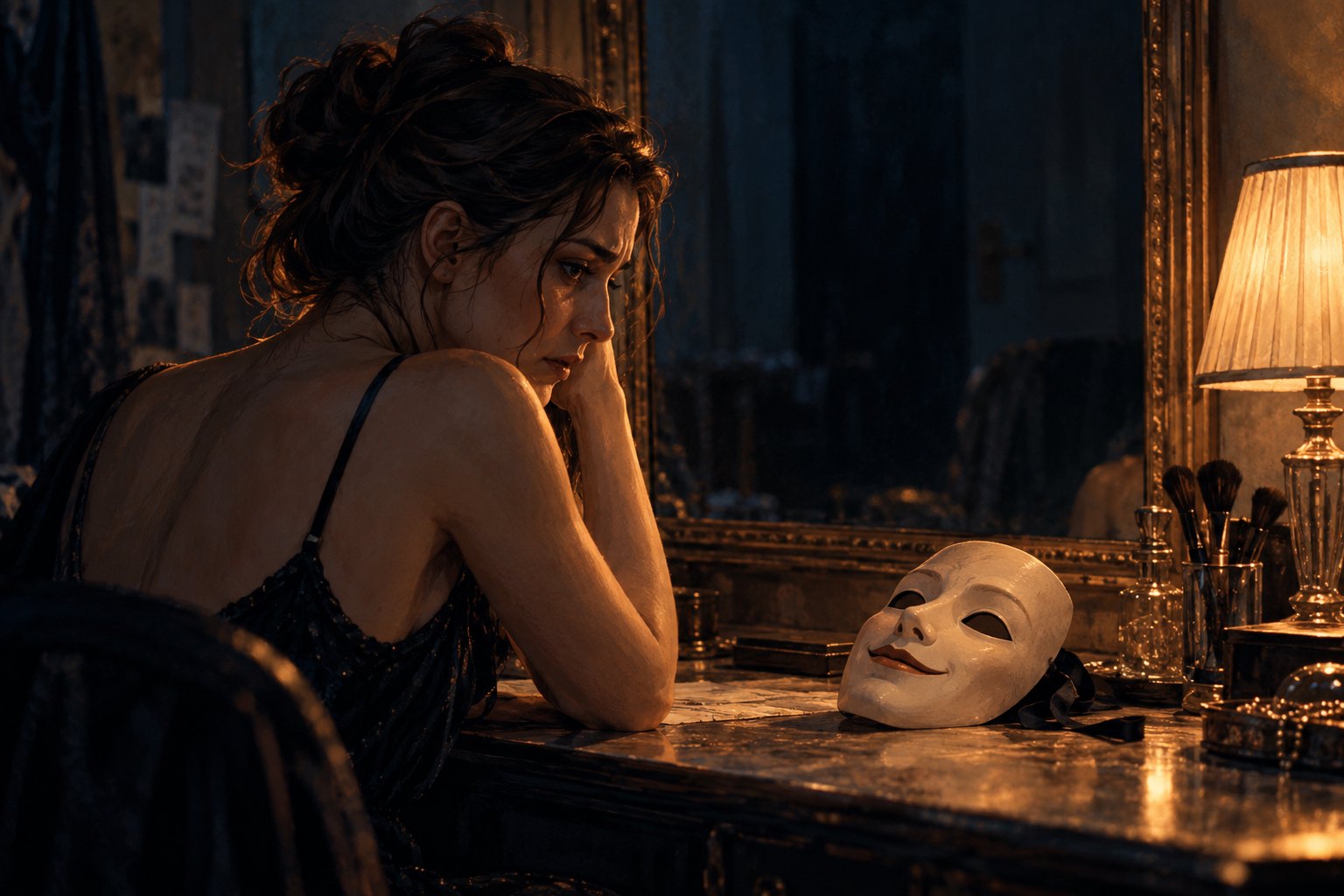 A tense woman sits at a dressing table beside a smiling ivory theater mask in a moody conceptual illustration.
