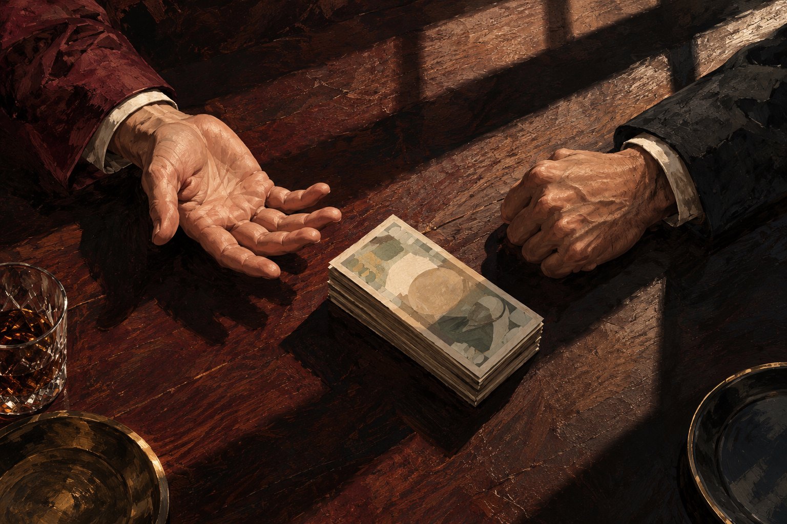 Conceptual illustration of opposing hands and a stack of unmarked banknotes on a shadowed wooden table.