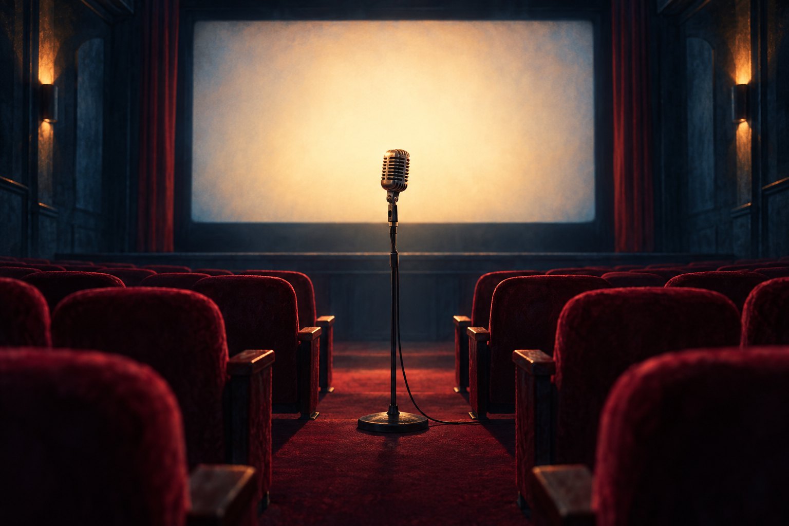 Conceptual illustration of a vintage microphone between burgundy theater seats facing a softly glowing blank screen.