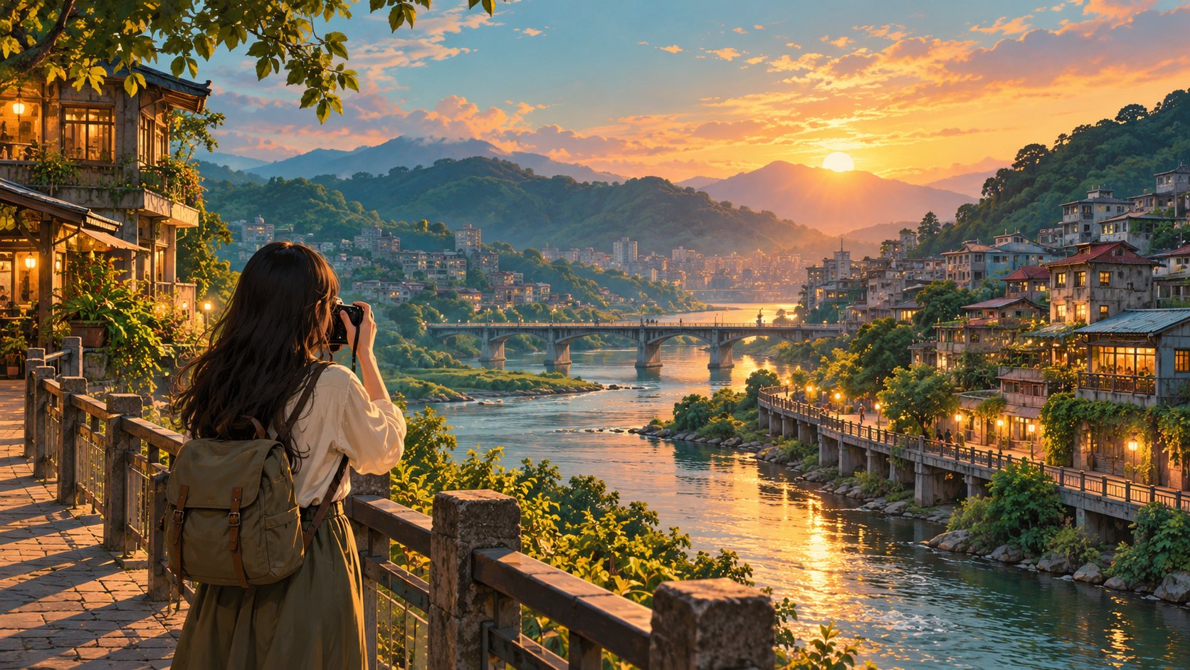旅人在夕陽下舉起相機,望向河岸聚落與遠山的追劇旅行概念插畫