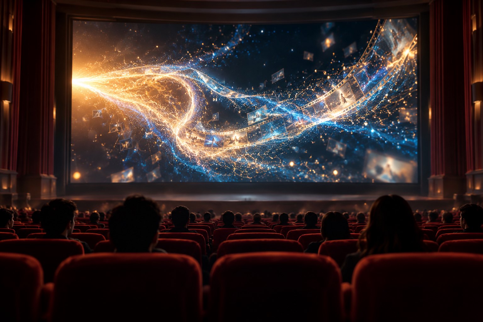 观众坐在红色座椅间观看蓝金色粒子光流，呈现数字影像进入影院的概念场景