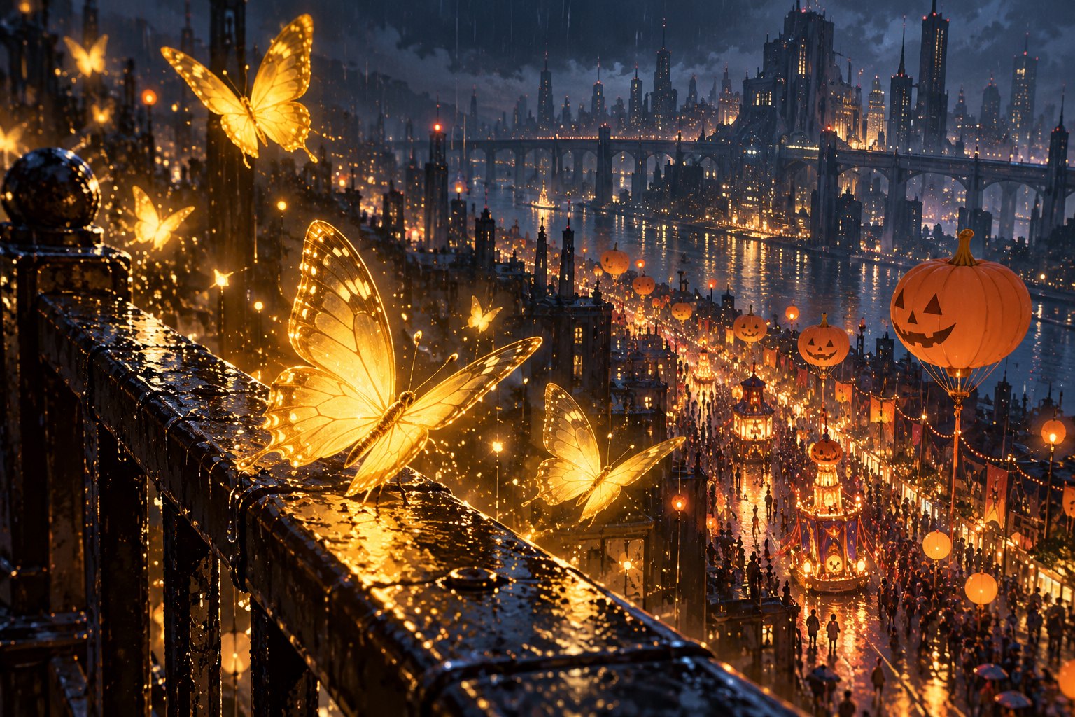 Editorial illustration of luminous golden butterflies above a rain-soaked railing overlooking a futuristic Halloween parade.