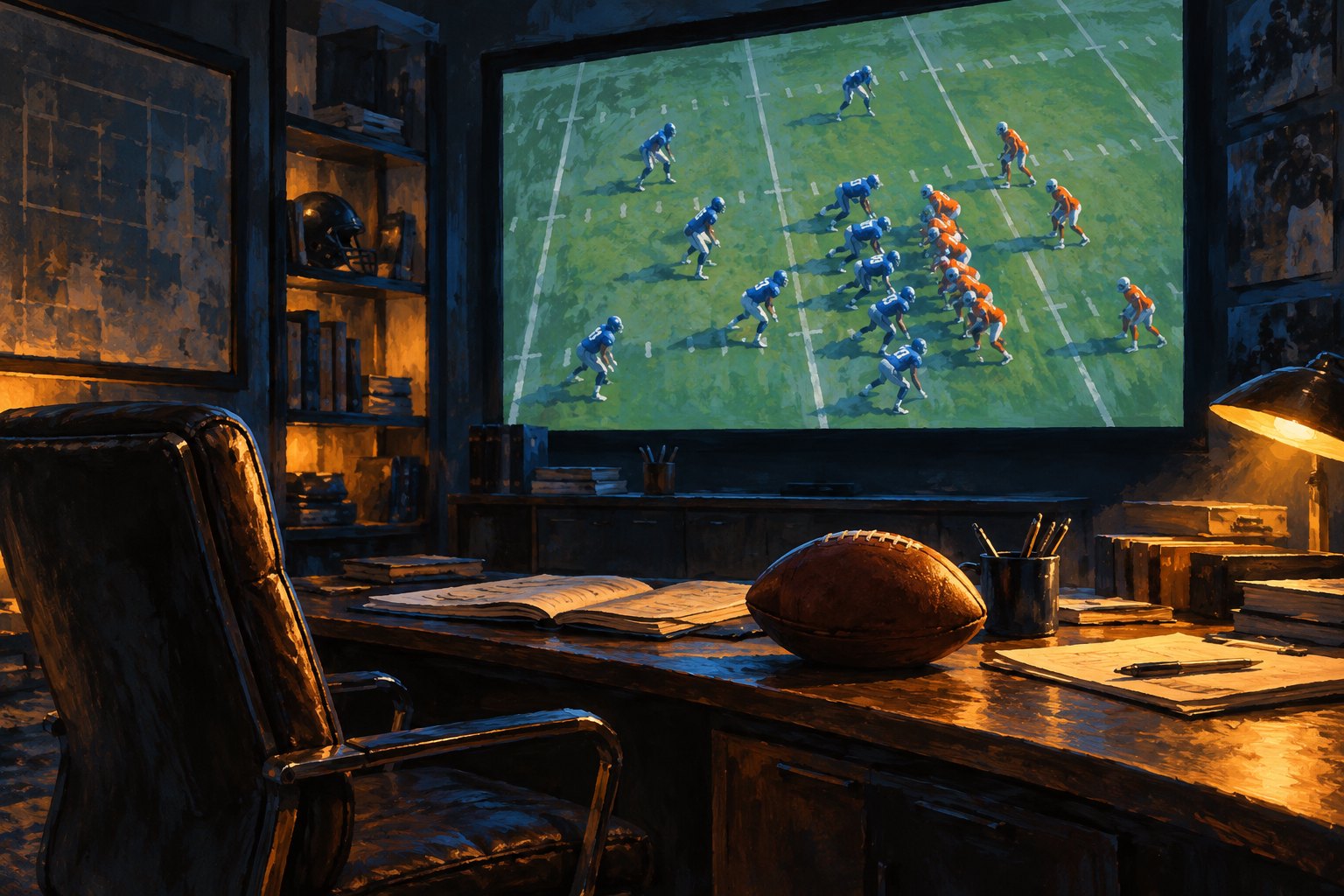 Painterly illustration of a football film-study room with an empty chair, a football on a desk, and players displayed on a large screen.