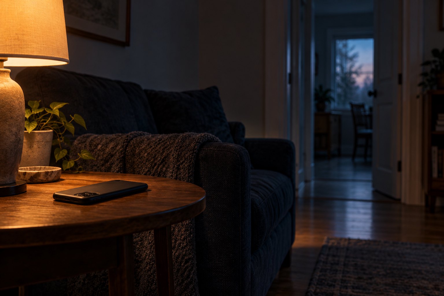 Conceptual illustration of a phone on a wooden table beside an empty sofa and a dim doorway.