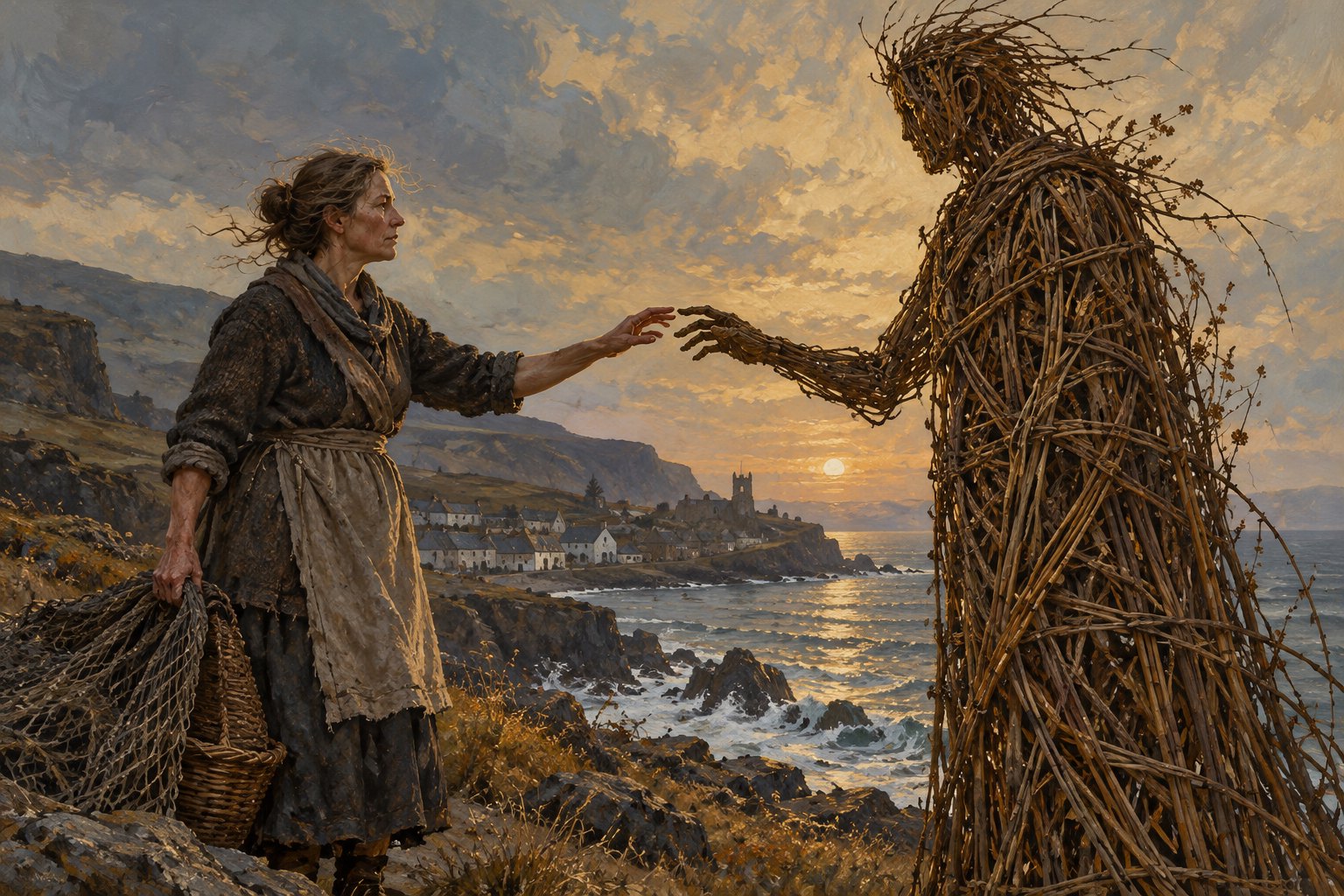 Original illustration of a fisherwoman reaching toward a woven man above a coastal village at sunset.