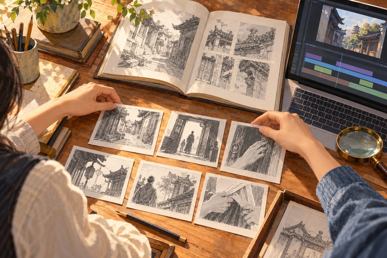 学生对照旧建筑图册整理分镜卡片,旁侧电脑呈现剪辑画面的创作概念插画,非真实制作现场
