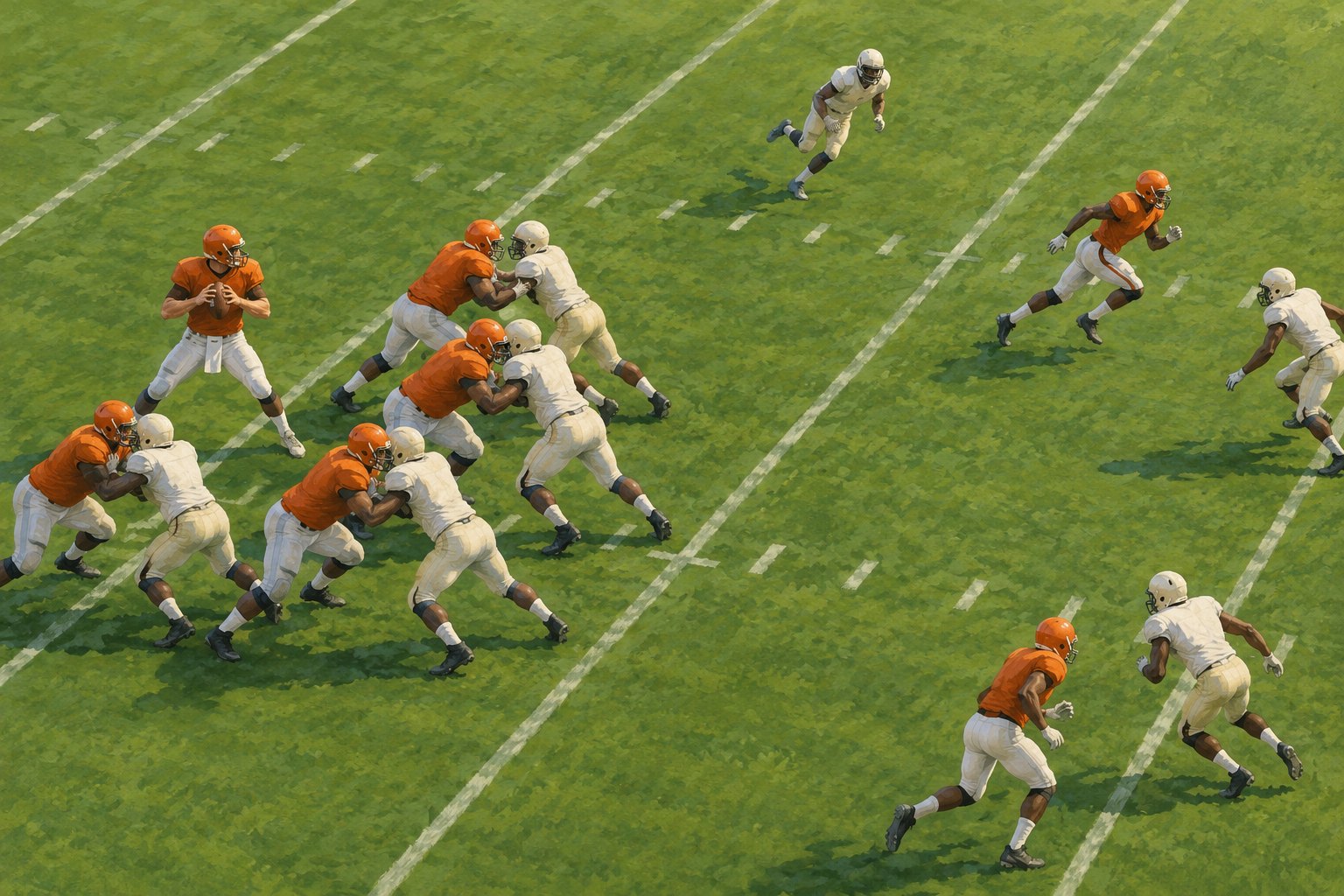 Editorial illustration of a quarterback behind blockers as receivers and defenders move across a green football field.