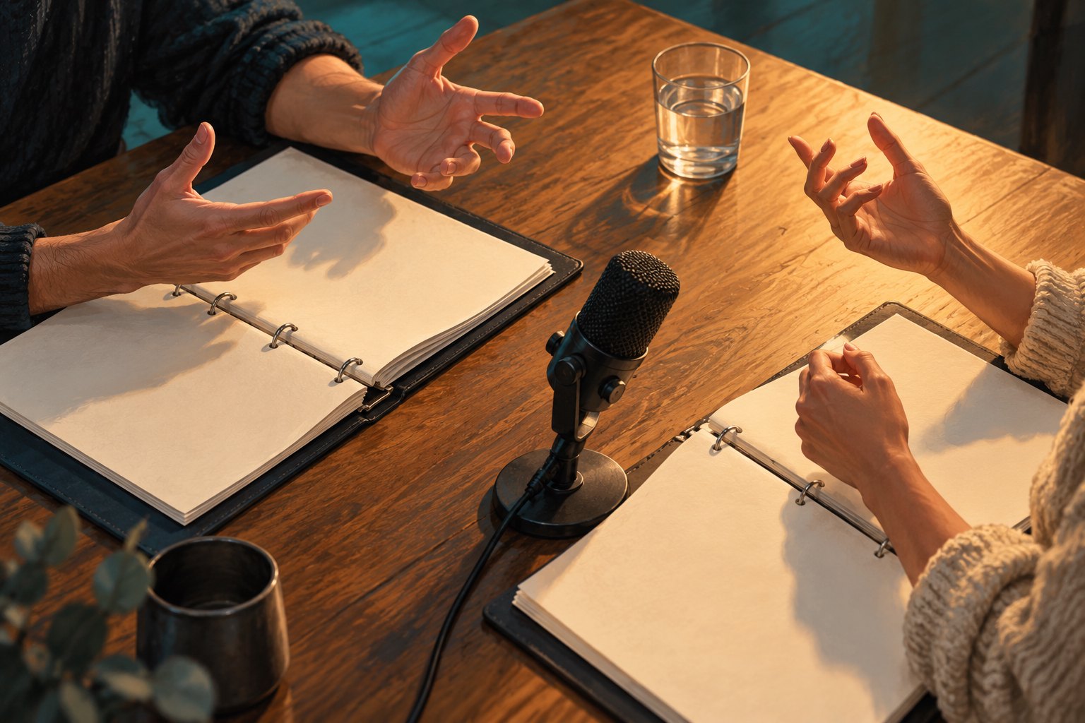 Conceptual illustration of performers gesturing across blank script binders beside a tabletop microphone.