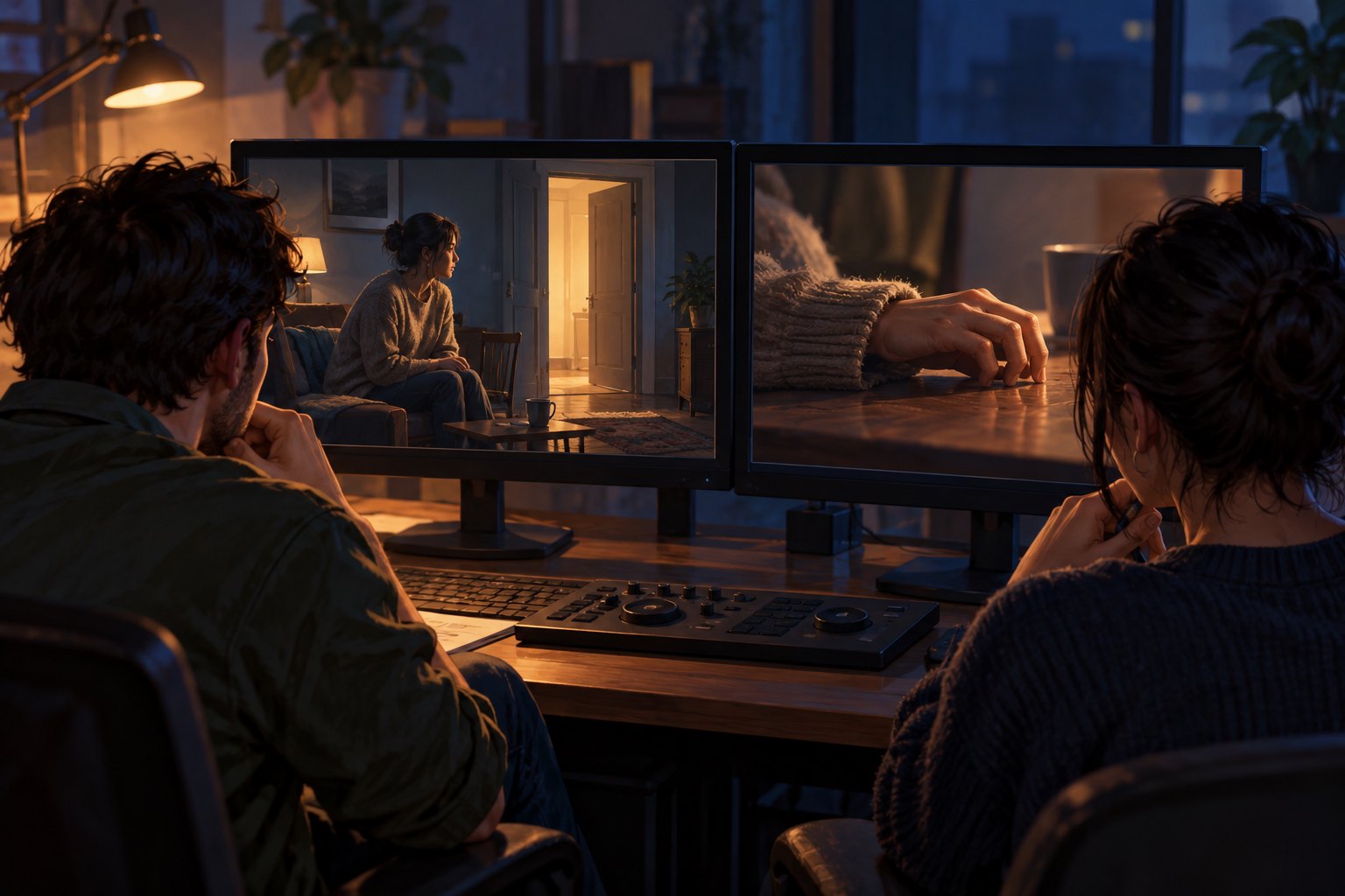 Conceptual illustration of two student editors comparing a performer's expression and hand movement on adjacent monitors.