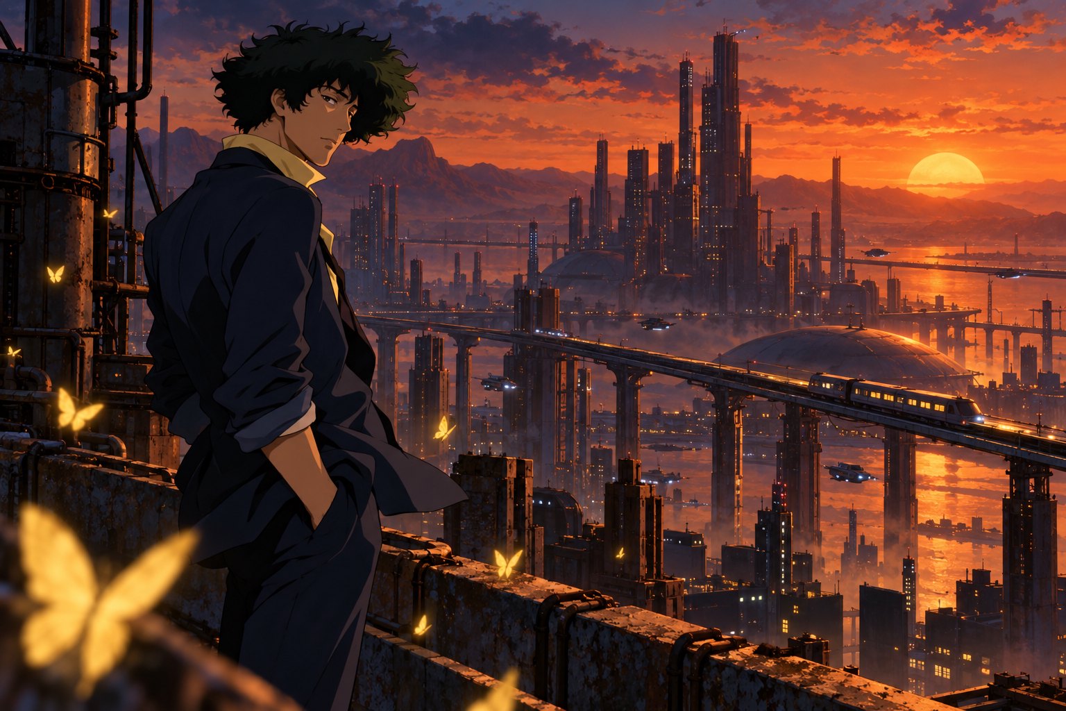 Editorial illustration of Spike Spiegel overlooking a futuristic city at dusk as golden butterflies drift nearby.
