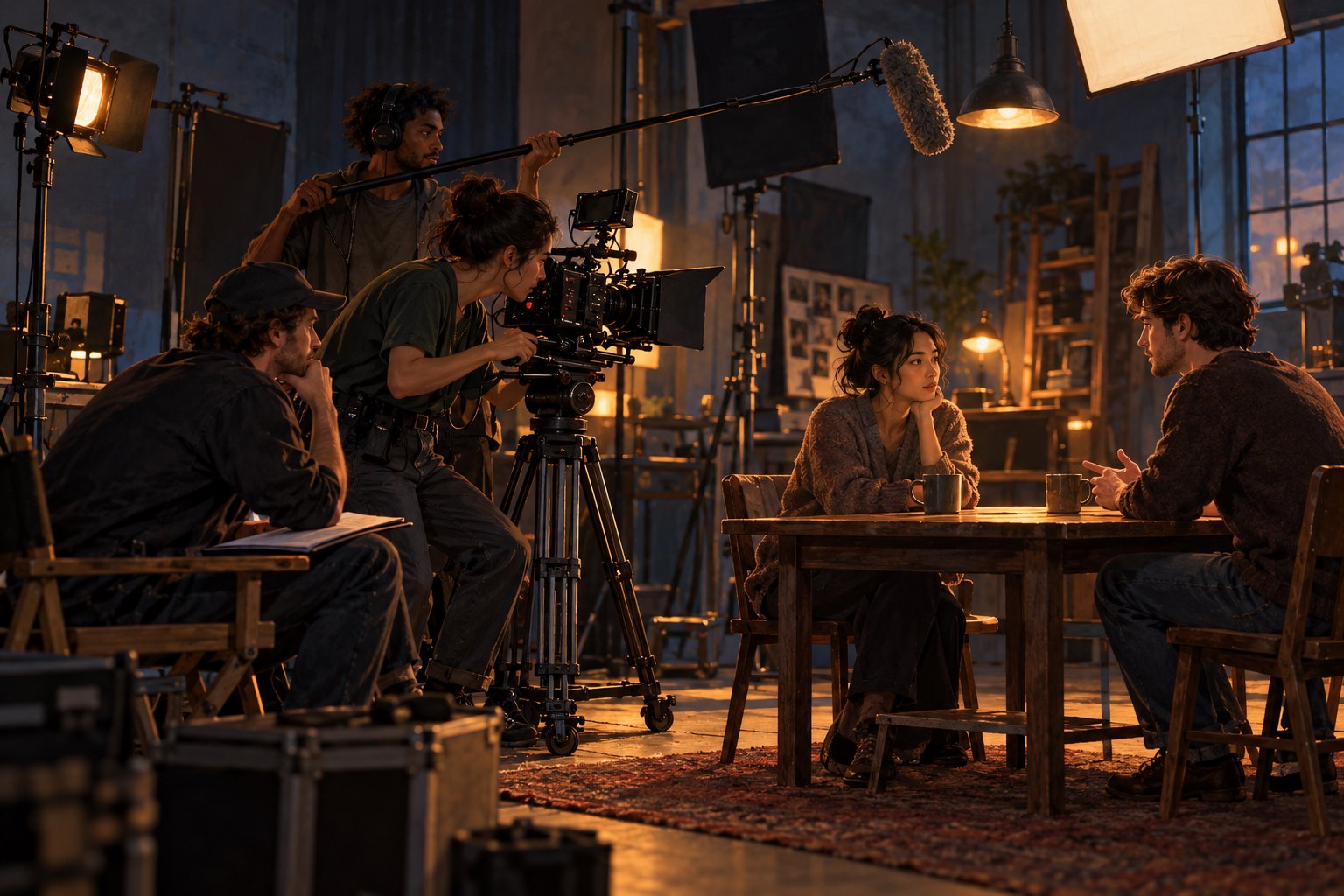 Illustration of film students working with a camera and boom microphone as actors rehearse a conversation in a teaching studio.