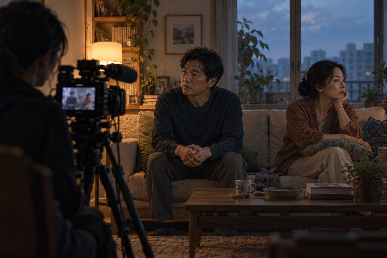 Conceptual illustration of a documentary filmmaker recording a couple sitting apart in a softly lit living room.