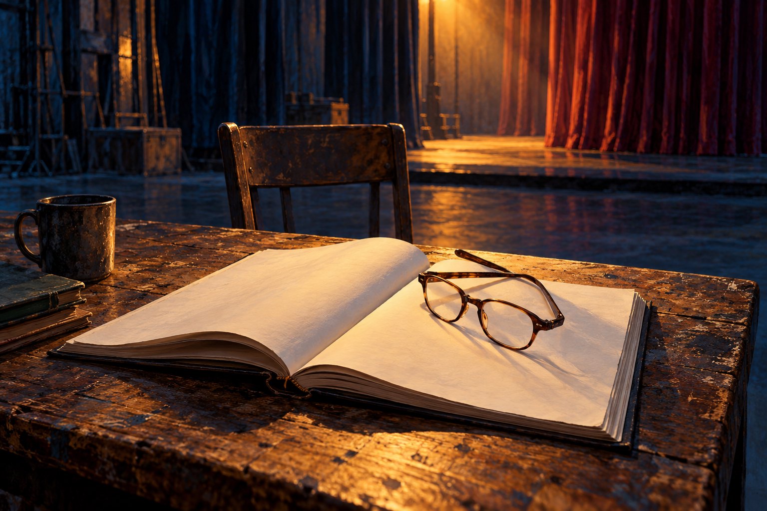 Reading glasses rest on an open blank book on a wooden rehearsal table, with an empty chair and softly lit stage behind it.