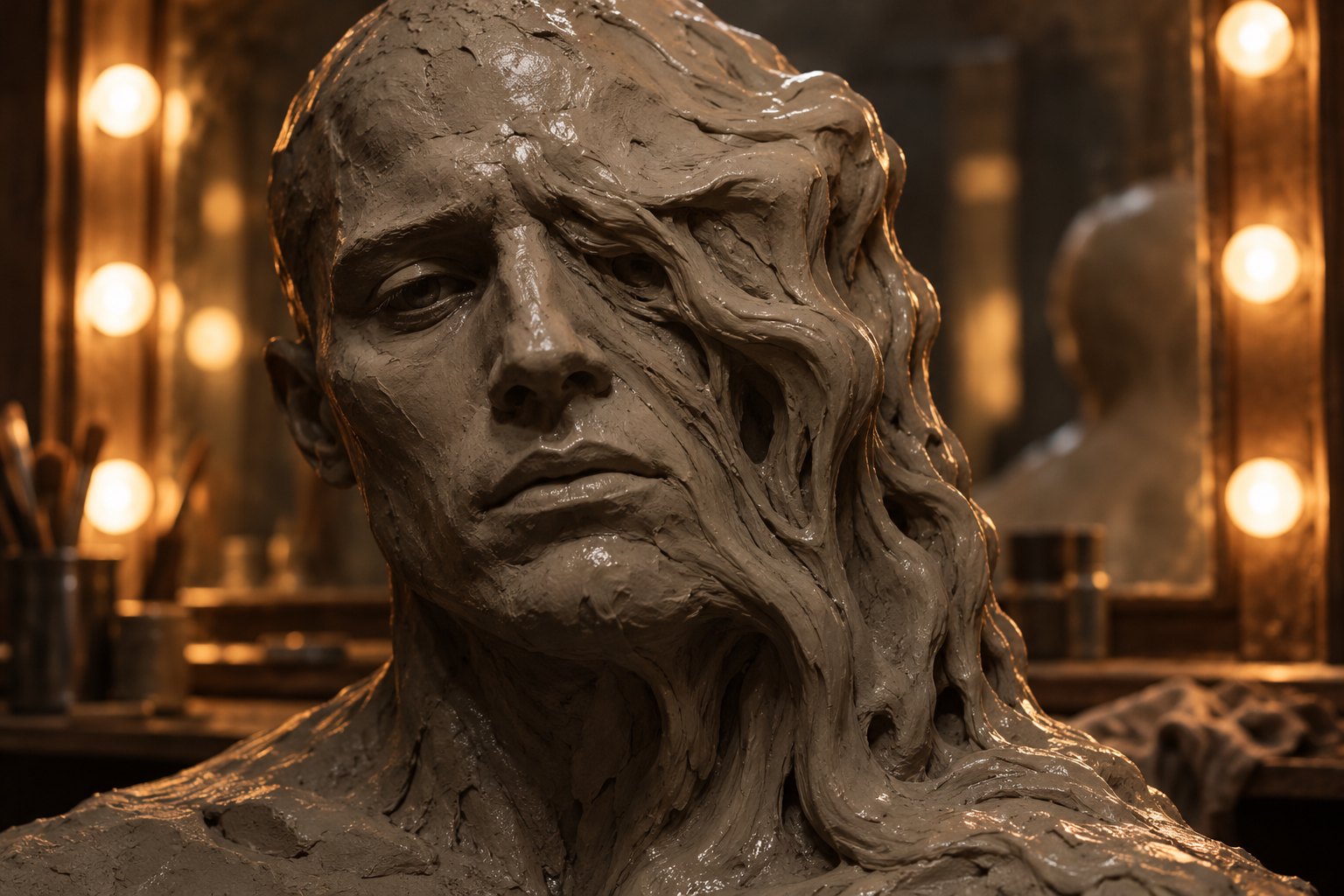 Conceptual illustration of a wet clay face with collapsing features in front of a warmly lit dressing-room mirror.