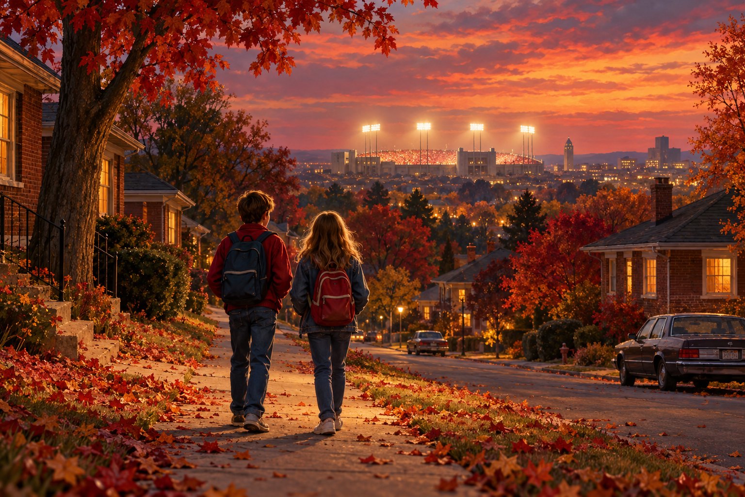 Editorial illustration of two school friends overlooking an autumn neighborhood and distant football stadium at sunset.