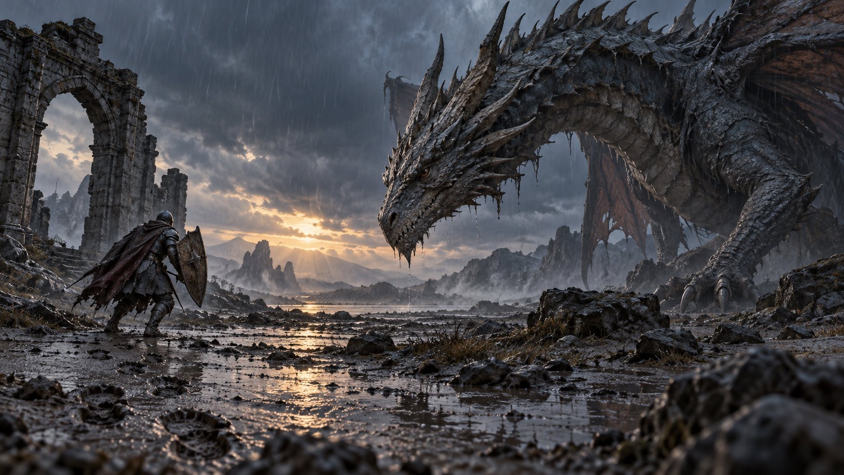 持盾戰士在雨中荒地面對俯身巨龍,呈現戰鬥距離與壓迫感的概念插圖,非電影劇照