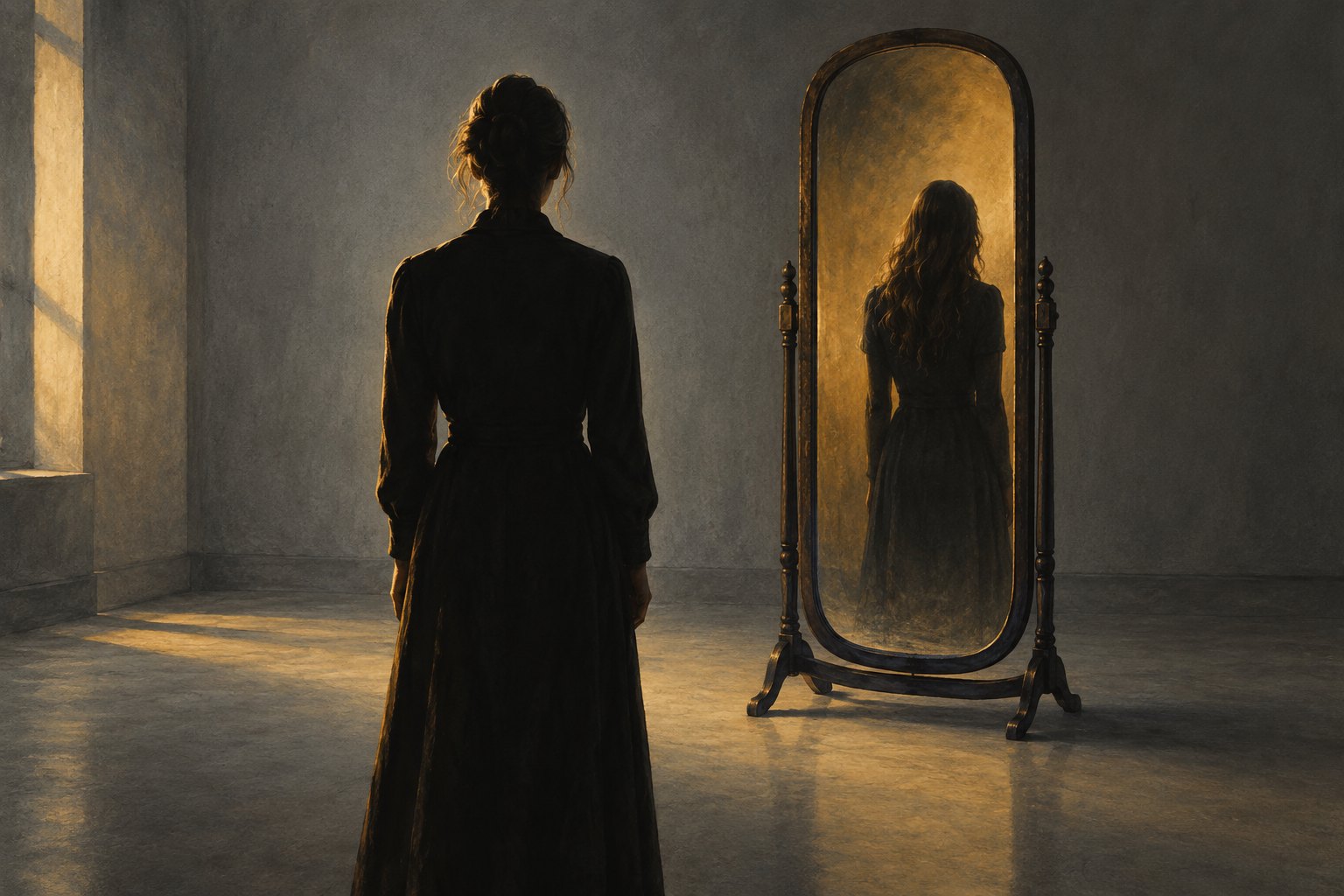 Conceptual illustration of a figure facing a mirror that impossibly reflects the back of their head.