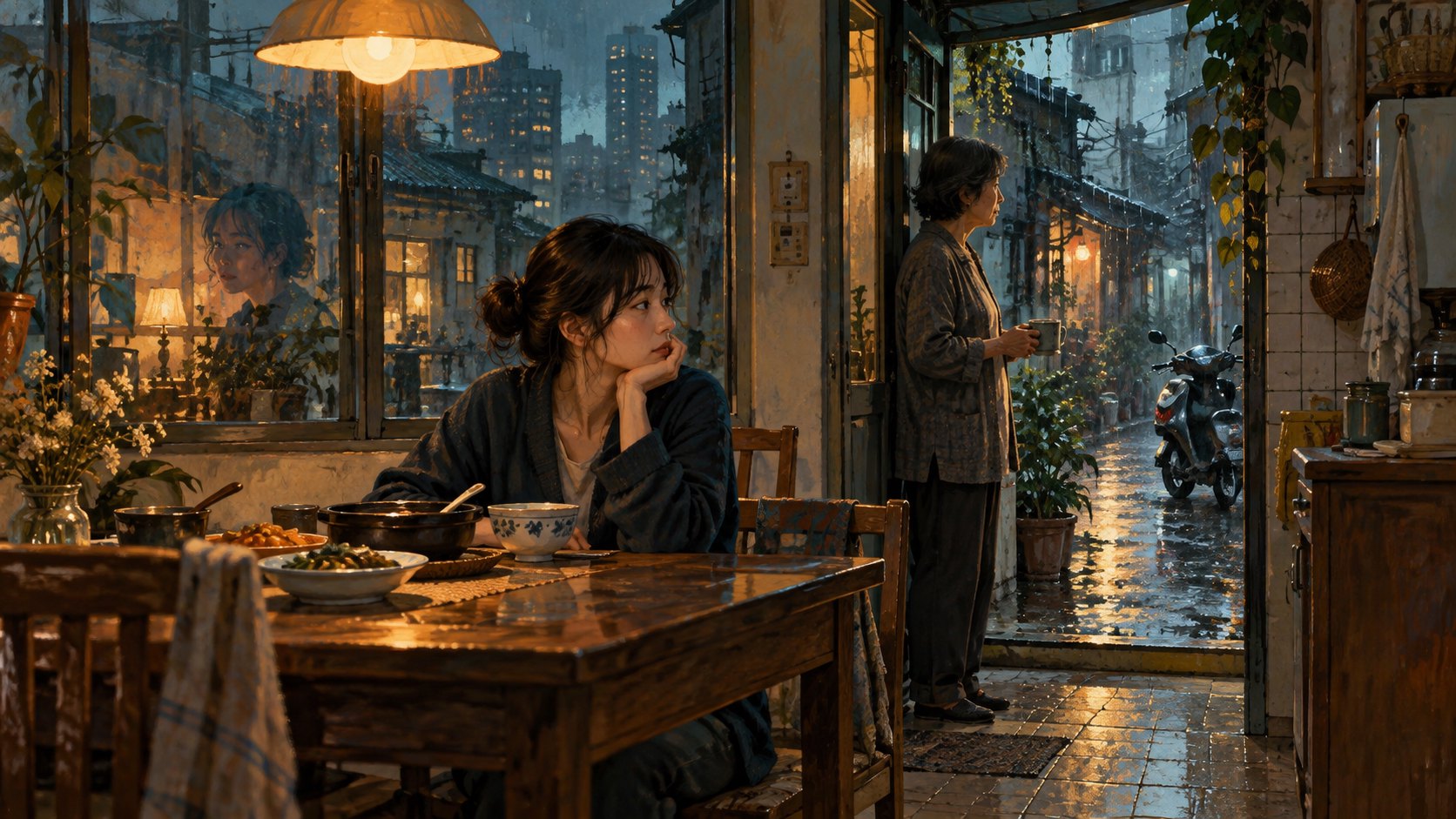 餐桌旁的年輕人與門邊長者各自沉思,窗外雨巷映照日常生活的概念插畫,非電影劇照