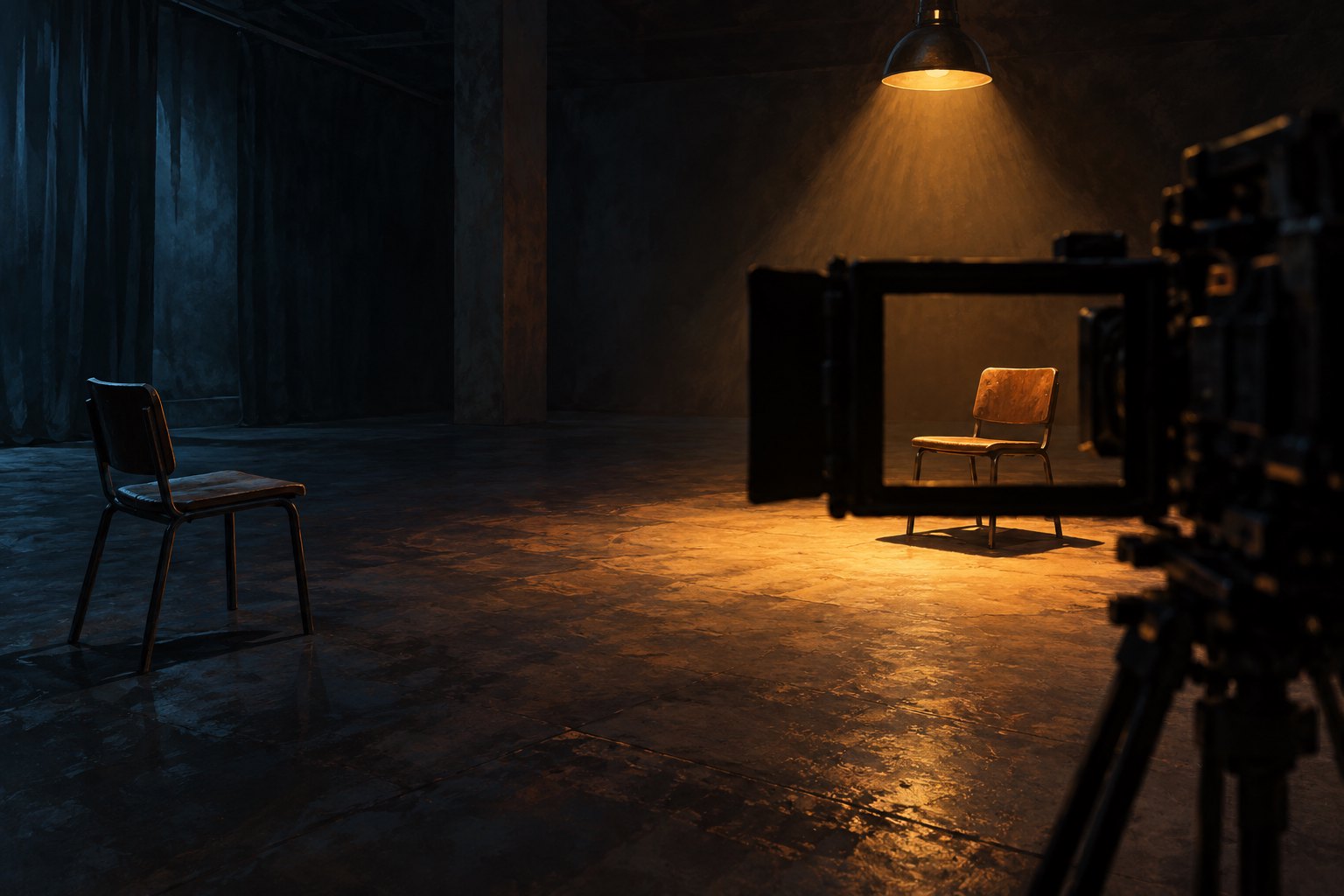 Conceptual illustration of a cinema camera framing one illuminated chair while another chair sits in shadow outside its view.