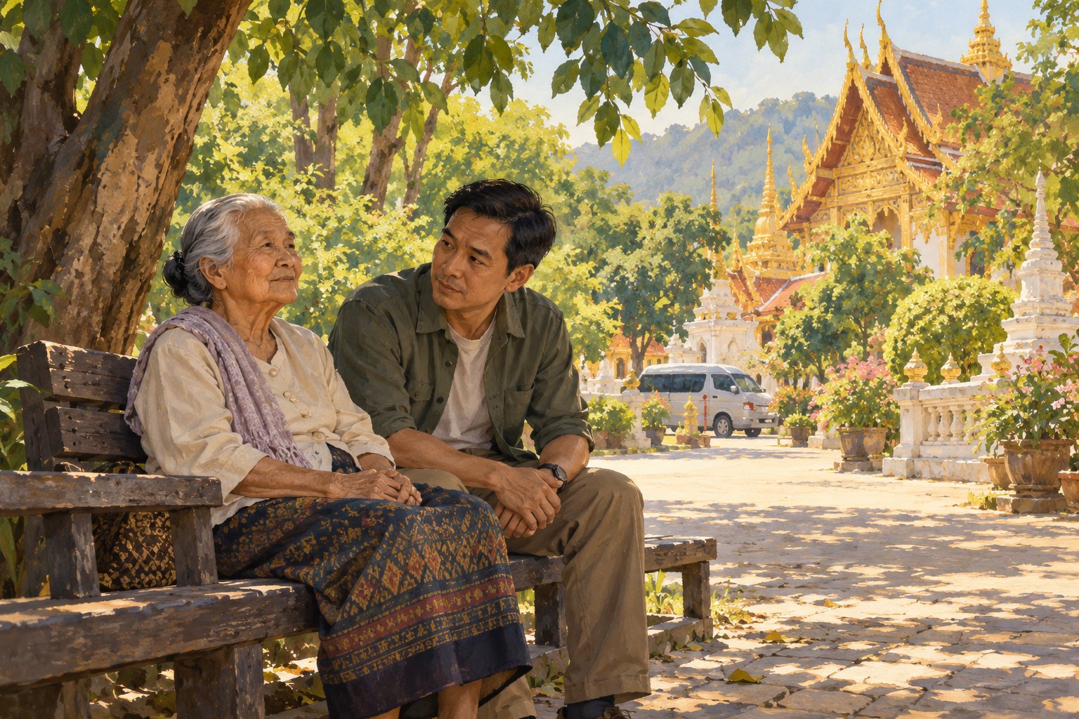 Conceptual illustration of an elderly Thai woman and her adult son resting beneath a tree in a Buddhist temple courtyard.