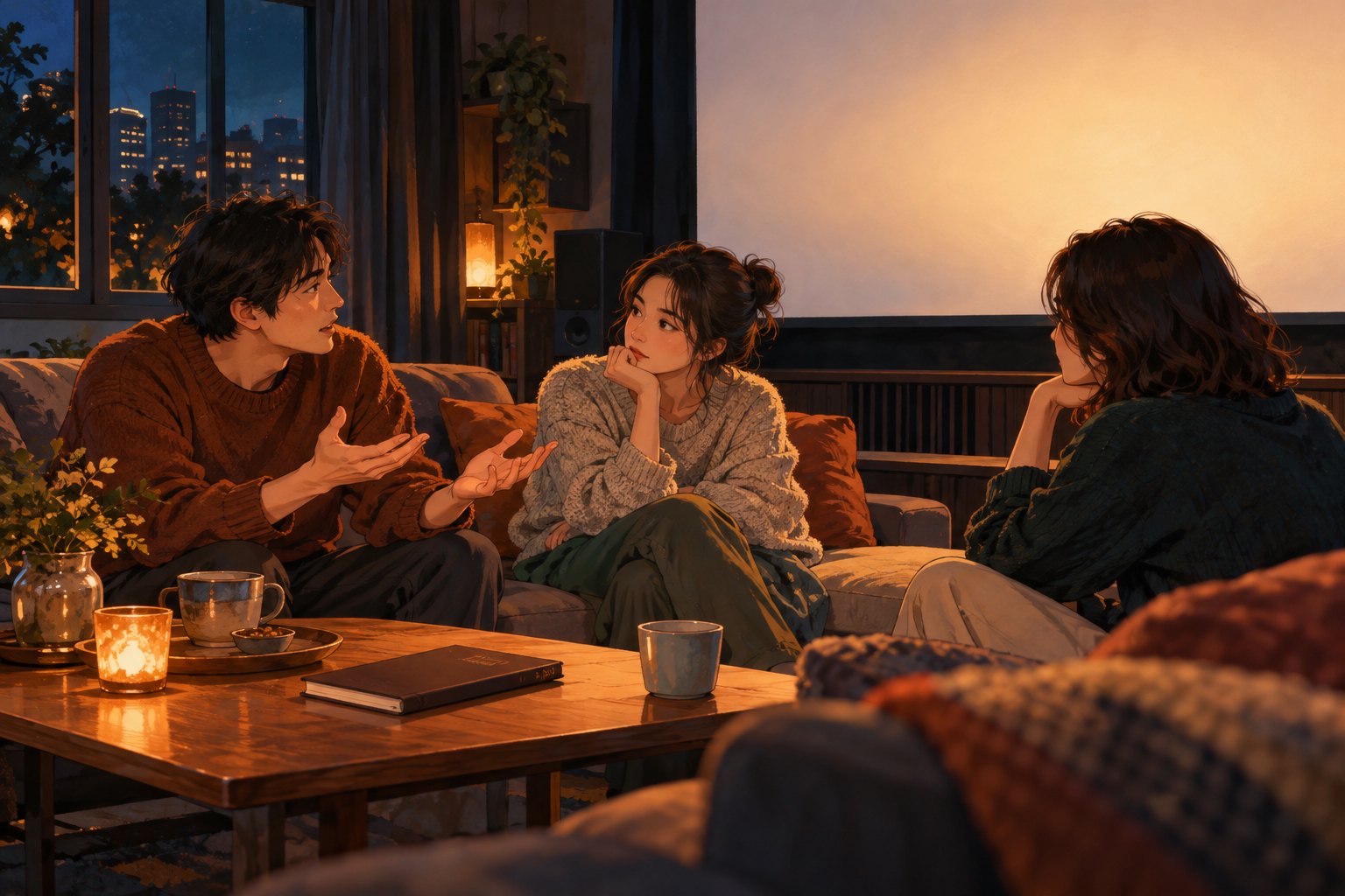 三位观众在放映结束后的暖色观影室里交流,背后银幕留着柔和的光
