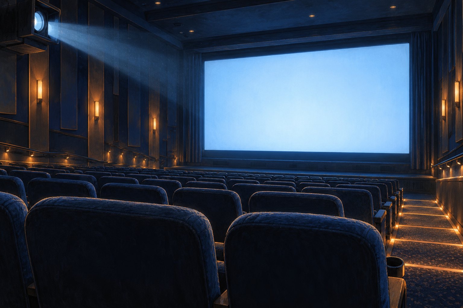 Illustration of an empty movie theater with blue seats, warm aisle lights, and a softly glowing screen.