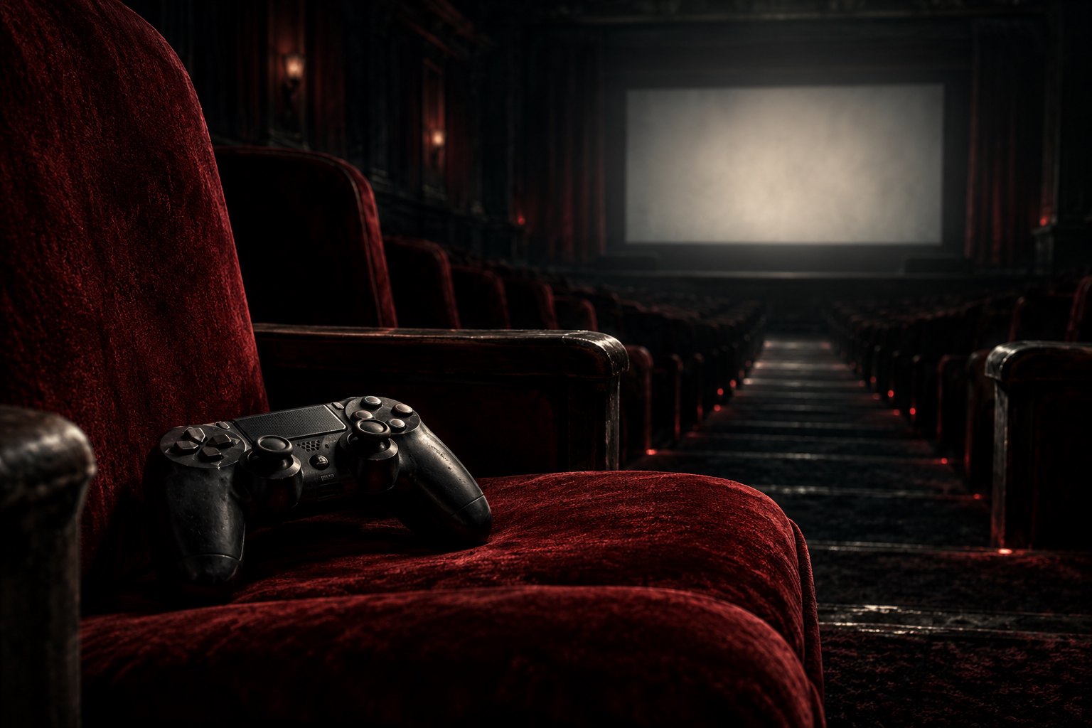 Concept illustration of a game controller on a red cinema seat facing a faintly glowing blank screen.