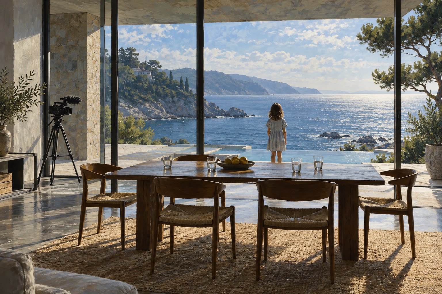 Conceptual illustration of a child overlooking the sea beyond a dining table, empty chairs, and an unattended film camera.