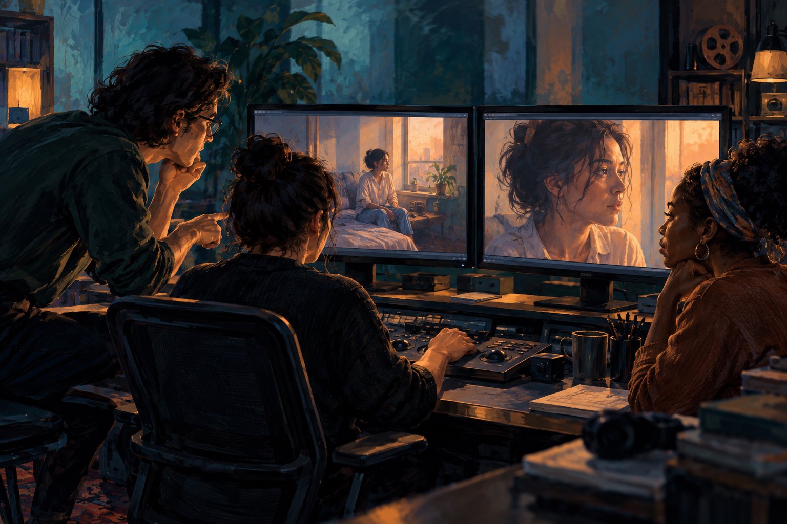 Editorial illustration of three filmmaking collaborators comparing a wide shot and a close-up in an editing room.